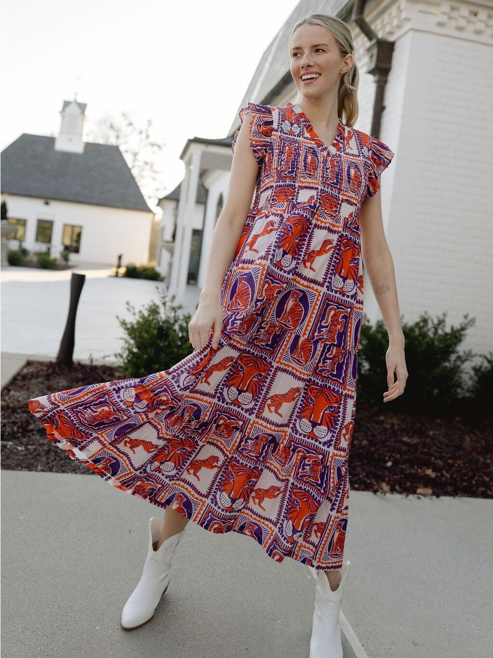Tiger Game Day Maxi Dress | Orange & Purple Smocked V Neck with Pockets - Picture 2 of 9